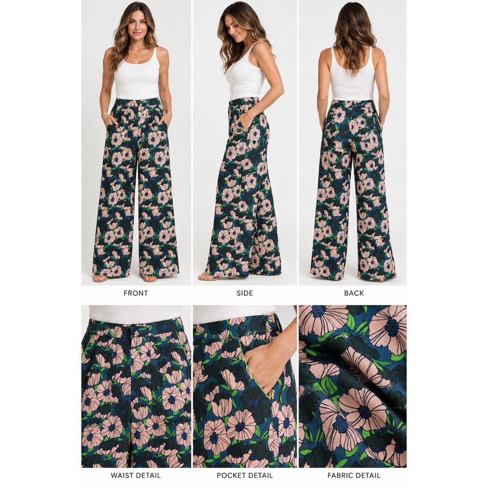 H&M Women's 4 Pink Green Bold Floral Print High Waist Wide Leg Pants Trousers - Picture 3 of 15